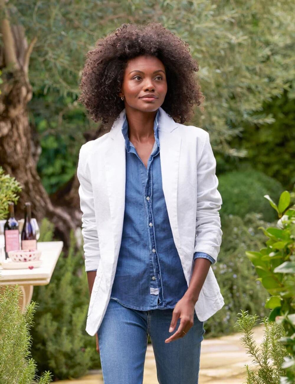 Frank & Eileen Sz L Dublin White Cotton Linen Stretch Open Blazer Jacket